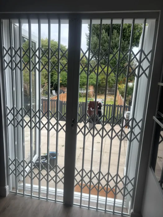 residential security grille installation protecting patio entrance without blocking visibility